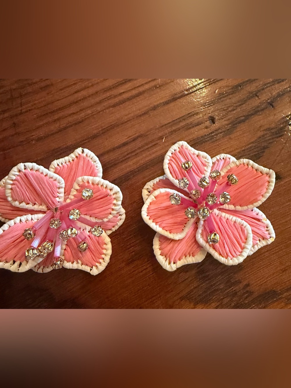 Pink Floral Embellished Statement Earrings. Pierced. Raffia